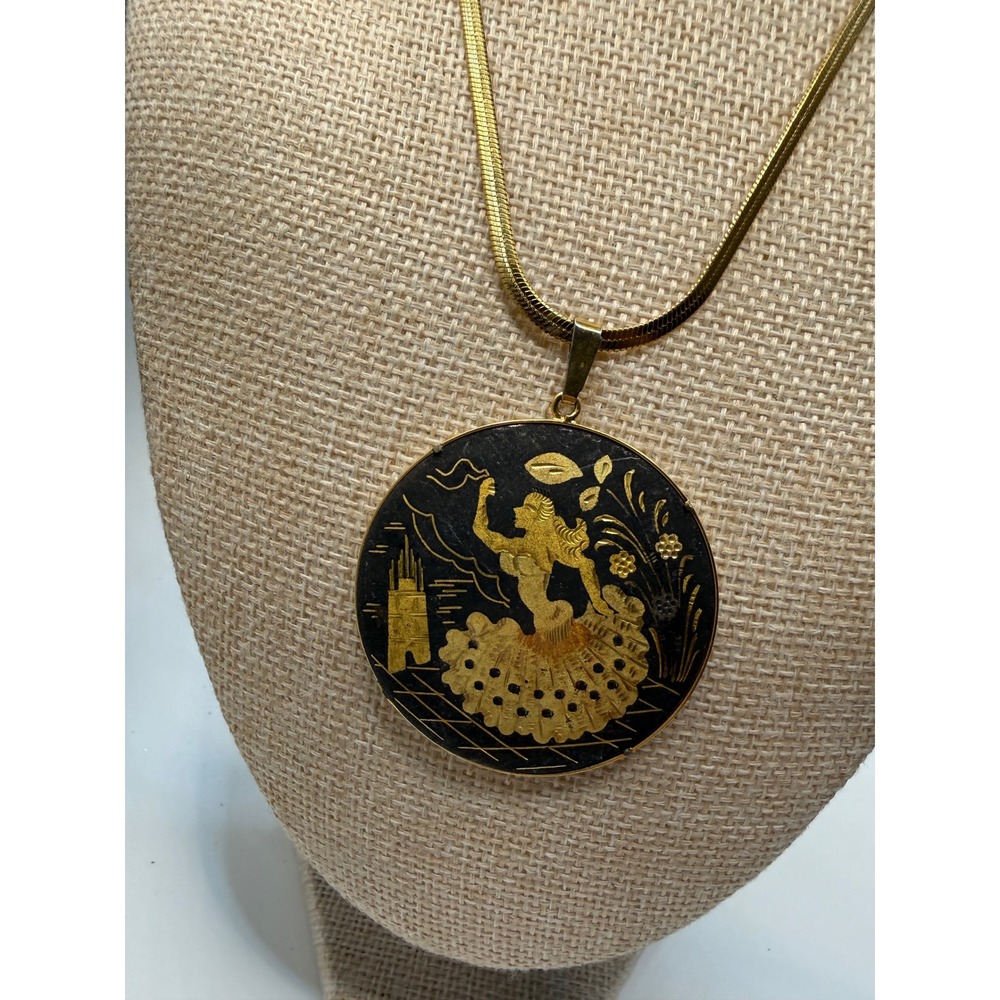 Vintage Spanish Damascene Flamenco Dancer Pendant Gold Tone Herringbone Necklace